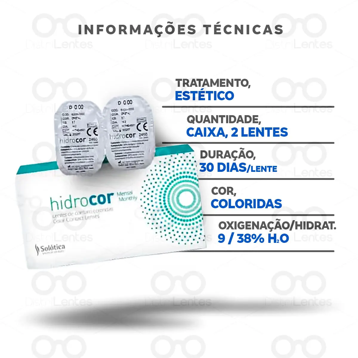 Lentes de Contato Hidrocor Mensal - Coloridas Informações técnicas