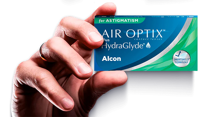 Mão e Caixa Air Optix Plus HidraGlyde Astigmatismo-min